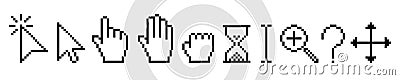 Pixel cursor icon set, mouse click cursor, hourglass, magnifier, question mark, increase Vector Illustration