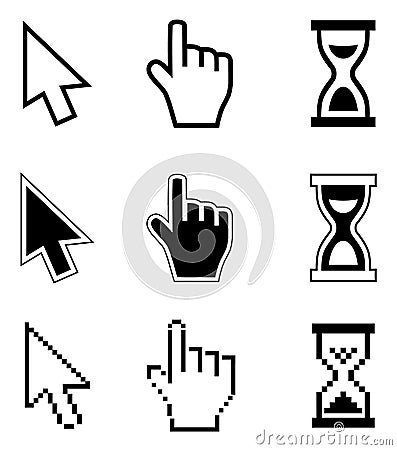 Pixel cursors icons-arrow, hourglass, hand mouse. Vector Illustration