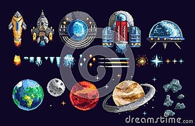 Pixel design of spacecrafts and planets Stock Photo