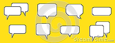 Pixel dialogue box. Retro 8 bit arcade game style quotes and UI message frames. Pixel empty speech bubble. Communication Vector Illustration