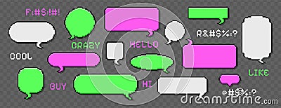 Pixel dialogue boxes, speech bubbles, empty message frames and retro game pixelated words Vector Illustration