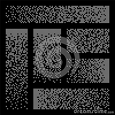 Pixel disintegration, decay effect. Various rectangular elements made of round shapes. Dispersed dotted pattern. Mosaic Vector Illustration