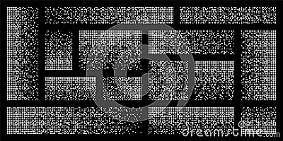 Pixel disintegration, decay effect. Various rectangular elements made of round shapes. Dispersed dotted pattern. Mosaic Vector Illustration