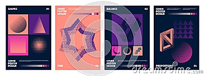 Pixel dither posters. Abstract minimalistic shapes with glitch and noise effects. Vector 90s retro bitmap cover design Vector Illustration