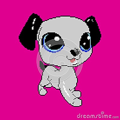 Pixel dog. Cartoon beautiful puppy with big eyes. Vector Illustration