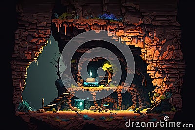 Pixel dotted cave concept art Stock Photo