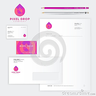 Pixel Drop logo and identity template. Branding of business papers. Vector Illustration