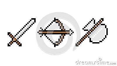 Pixel edged weapons set. Sharp medieval crusader sword with powerful combat bow Vector Illustration