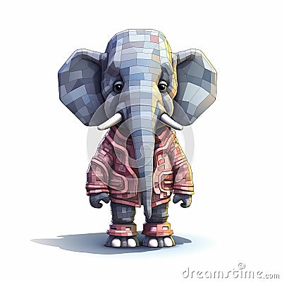 Pixel Elephant Illustration: Futuristic Retro 3d Cartoon With Detailed Costumes Stock Photo
