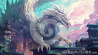 Pixel Enchantment: Where Dragons Roam Among Glitched Towers Stock Photo