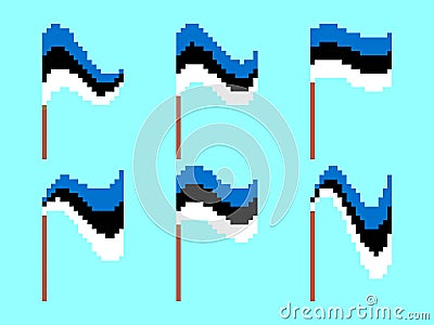 Pixel Estonian flag icon set isolated on white background. Waving Estonian flag in 8-bit retro graphics style from the 80s. Design Vector Illustration