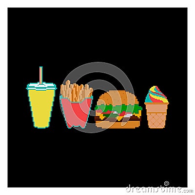 Pixel fast food and beverage icon collection. Vector Illustration