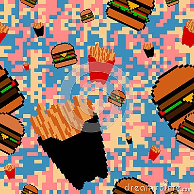 Pixel fast food Seamless Pattern. Pix vector illustration. Vector Illustration