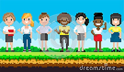 Pixel female characters for pixel-game stand against background of nature landscape with blue sky Vector Illustration