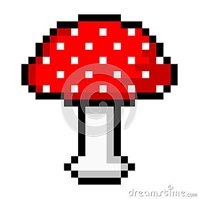 Pixel fly agaric icon. Toxic mushroom with red cap in white dots Vector Illustration