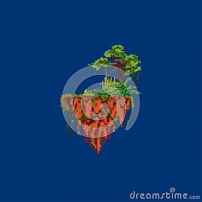 Pixel flying island. For game and mobile applications. Stone island with trees, grass and other plants. Stock Photo