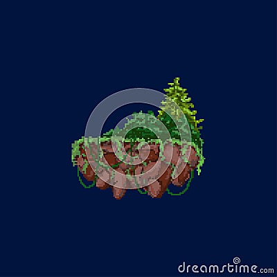 Pixel flying island. For game and mobile applications. Stone island with trees, grass and other plants. Stock Photo