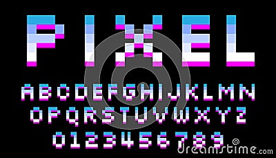 Pixel font. 8 bit letters and numbers. Vector Illustration