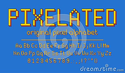 Pixel font. 3d pixel art retro alphabet in old video games style Vector Illustration