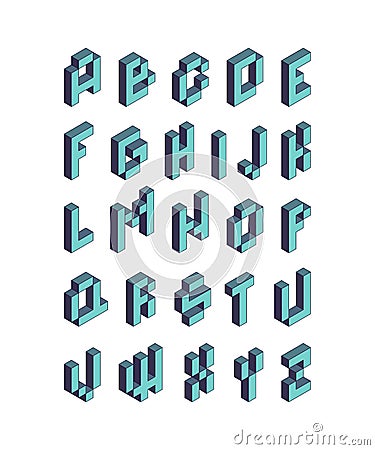 Pixel font. Isometric video game alphabet retro style 90s cubic letters vector 3d Vector Illustration