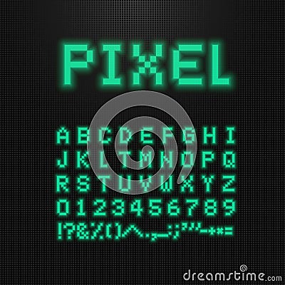 Pixel font, vector letters, numbers and signs on old computer led display. 8 bit video game typeface. Retro digital abc Vector Illustration