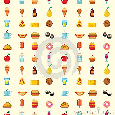 Pixel art food computer design seamless pattern background vector illustration restaurant pixelated element fast food Vector Illustration