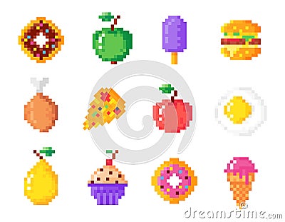 Pixel food icons. Hamburger, donut, pizza, apple, fried eggs, pear, muffin and ice cream flat vector illustration set Vector Illustration