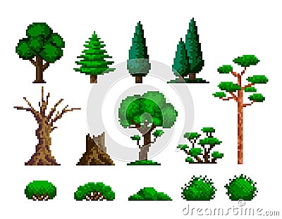 Pixel forest set. Trees bushes and grass sprite asset, retro 8 bit video game UI elements. Illustration of game trunk Vector Illustration