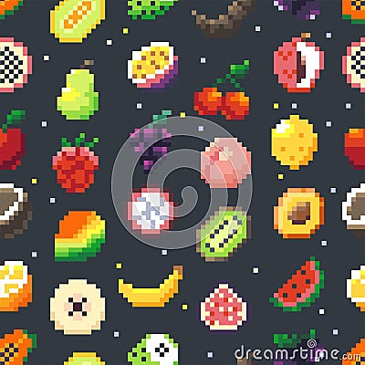 Pixel fruits pattern. Seamless print of pixelated cartoon fruits and berries, 2D game wallpaper of rough pixel icons Vector Illustration