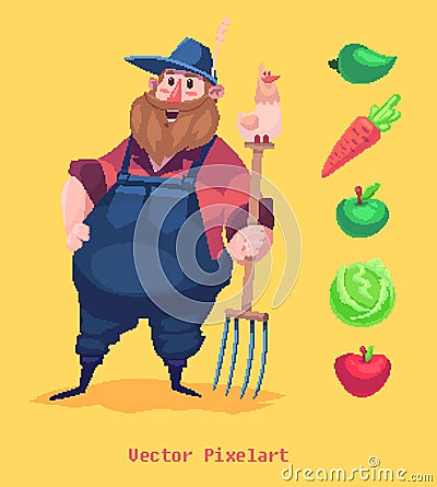 Pixel funny farmer character. on yellow background. Vector illustration. Vector Illustration