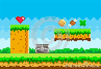 Pixel game background with green grass platform and items collected during gameplay, coins, heart Vector Illustration