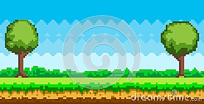 Pixel-game background. Pixel art game scene with green grass and tall trees against blue sky Vector Illustration