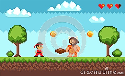 Pixel game battle scene with ninja dressed in kimono and caveman wearing animal pelt with baton Vector Illustration