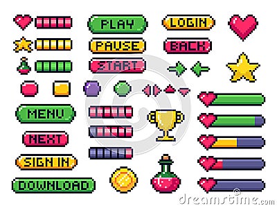 Pixel game buttons. Games UI, gaming controller arrows and 8 bit pixels button vector set Vector Illustration