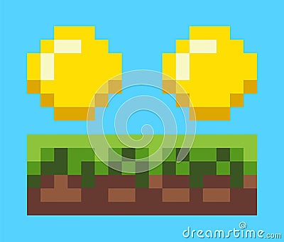 Pixel Game, Coins on Grass, Money on Ground Vector Vector Illustration