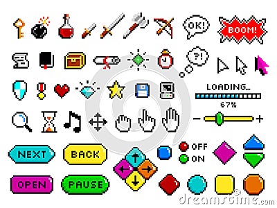 Pixel game elements. Knight sword, loading start pause 8 bit gaming icons. Retro pixels digital art symbols. Isolated Vector Illustration