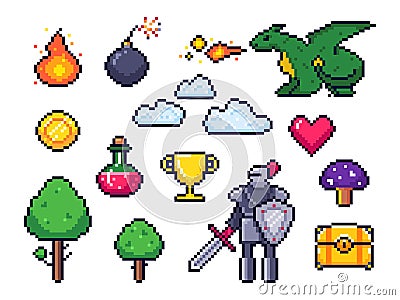 Pixel game elements. Pixelated warrior and 8 bit pixels dragon. Retro games clouds, trees and icons vector set Vector Illustration