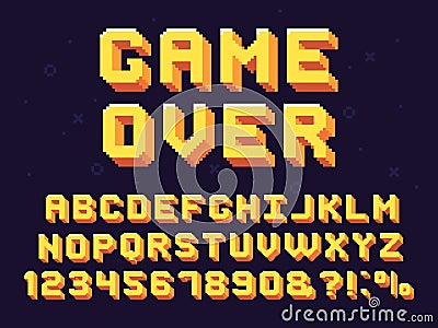 Pixel game font. Retro games text, 90s gaming alphabet and 8 bit computer graphic letters vector set Vector Illustration