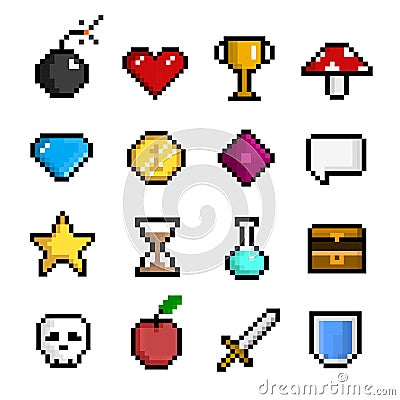 Pixel game icon set, computer and web interface Vector Illustration