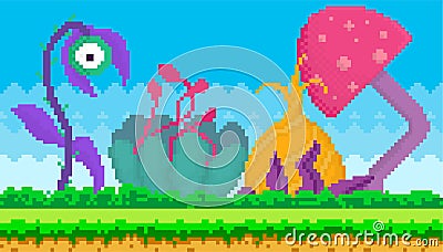 Pixel-game interface abstract layout design. Fantasy glade with pixel alien plants on green grass Vector Illustration