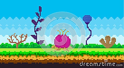 Pixel-game interface abstract layout design. Fantasy glade with pixel alien plants on green grass Vector Illustration