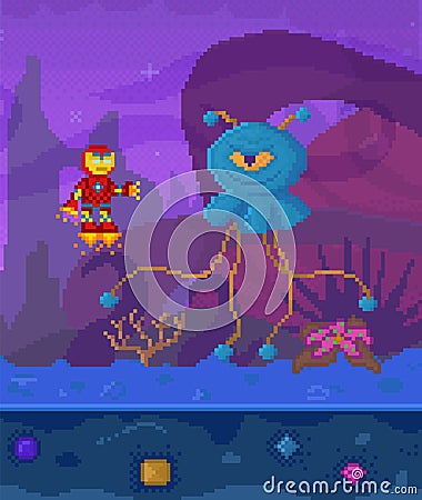 Pixel game interface layout. Alien attacks pixelated character in dark scene with fantastic plants Vector Illustration