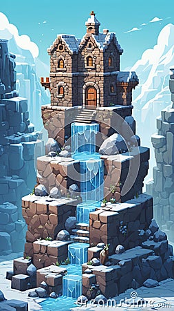 Pixel game level design. Platform game asset, brick, stones building 8 bit environment. Ice theme Stock Photo