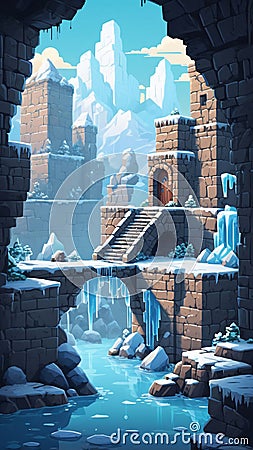 Pixel game level design. Platform game asset, brick, stones building 8 bit environment. Ice theme Stock Photo