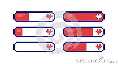 Pixel game life bar with heart. Loading, waiting or installing process, life or health level. Trendy modern 8 bit vector Vector Illustration