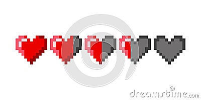 Pixel game life bar. Pixel art 8-bit health heart bar. Damage level. Red hearts. Heart icon design element. Pixel game design. Vector Illustration