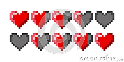 Pixel game life bar. Pixel art 8-bit health heart bar. Damage level. Red hearts. Heart icon design element. Pixel game design. Vector Illustration