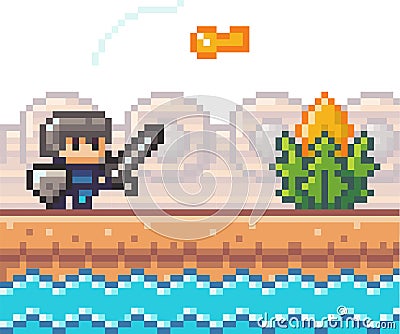 Pixel game personage, knight with sword and shield near water, look at key, bonus element, 2d Vector Illustration