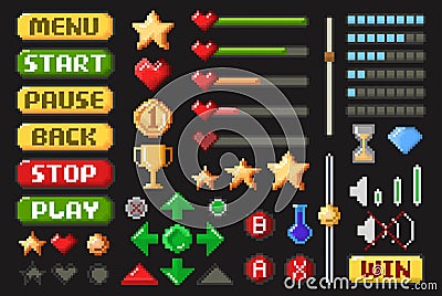 Pixel game screen element set on black Vector Illustration