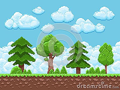 Pixel game vector landscape with trees, sky and clouds for 8 bit vintage arcade game Vector Illustration